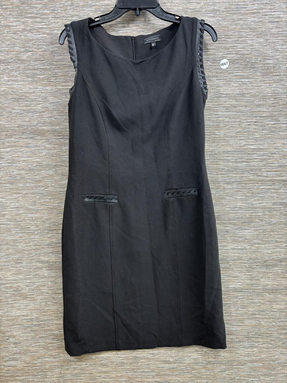 Manigance Dress Womens 42 Black Sleeveless Sheath Faux Leather Trim Knee Length
